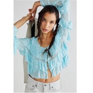Free People RUFFLE Cropped Rhinestone Button Cardigan Sweater Blue M NWOT $148